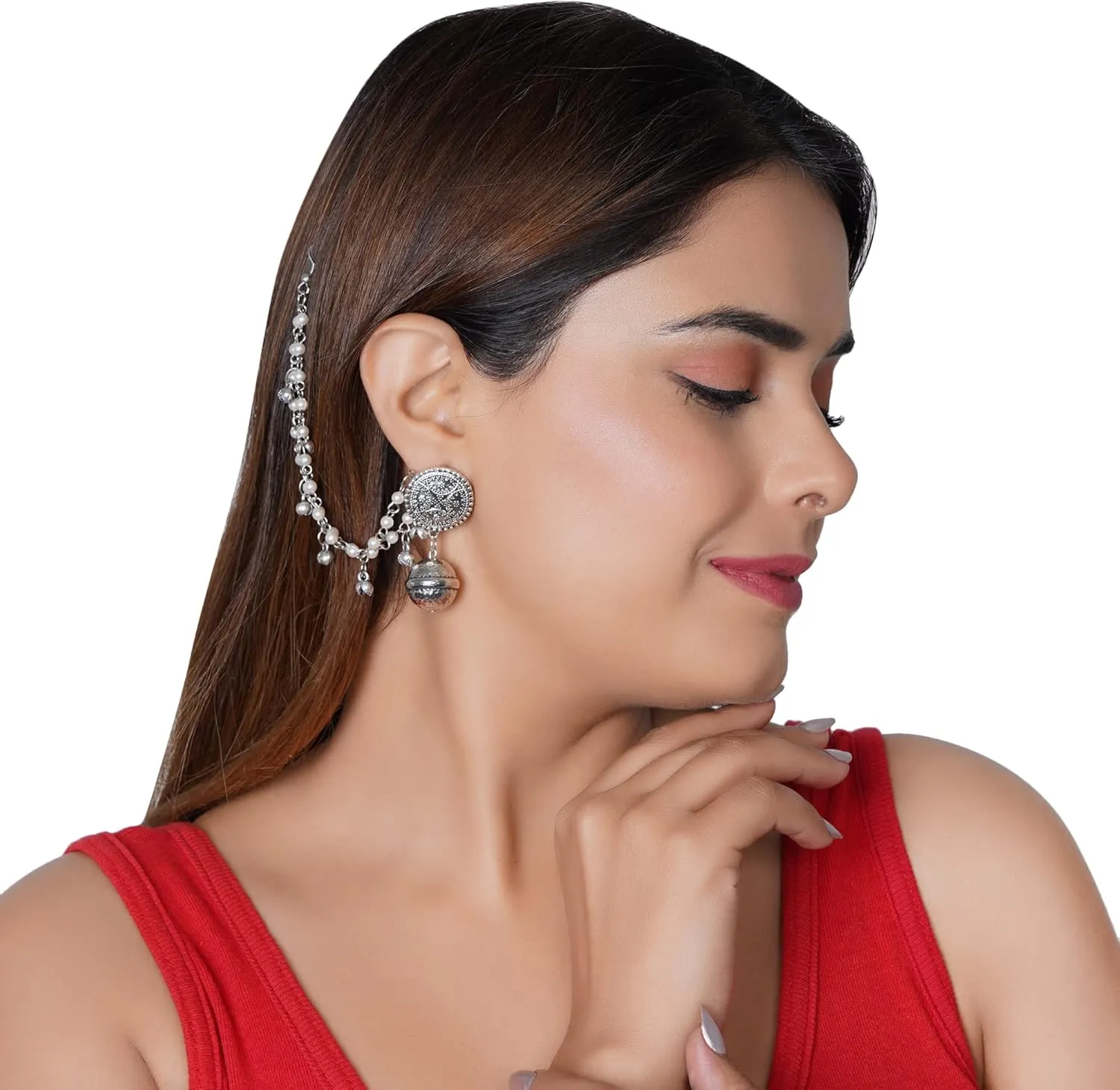 Jwellmart Indian Bollywood Oxidised Multiline Faux Pearl Ear Chains/Hair Chains for Earring Support Traditional Jewelry