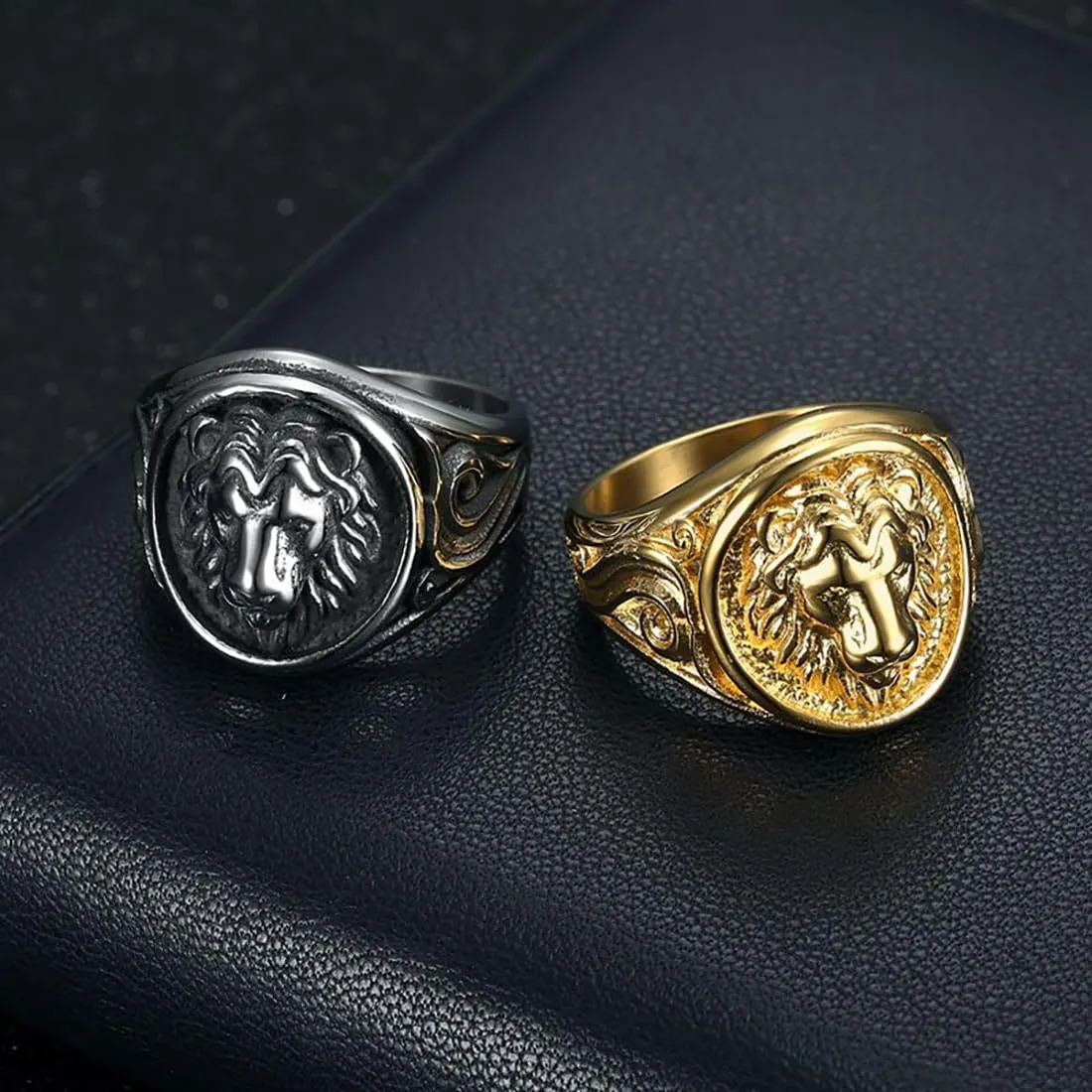 JWM Stainless Steel Lion Rings Golden Large Animal Rings for Men Women Adults, Cocktail Party Rings, Delicate Packaging