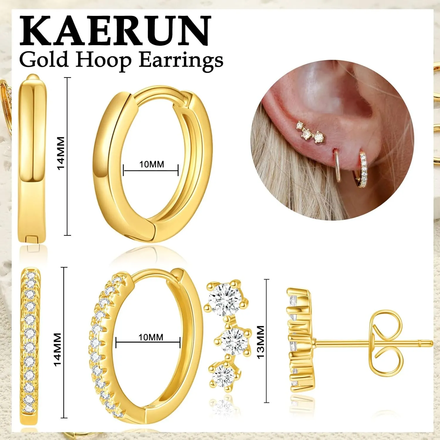 KAERUN 3 Pairs Gold Hoop Earrings for Women Trendy 14k Gold Plated Huggie Earrings 925 Sterling Silver Post Hypoallergenic Cartilage Hoop Earring Set for Multiple Piercing Gold Jewelry for Women Gifts