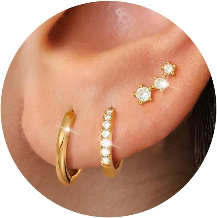 KAERUN 3 Pairs Gold Hoop Earrings for Women Trendy 14k Gold Plated Huggie Earrings 925 Sterling Silver Post Hypoallergenic Cartilage Hoop Earring Set for Multiple Piercing Gold Jewelry for Women Gifts