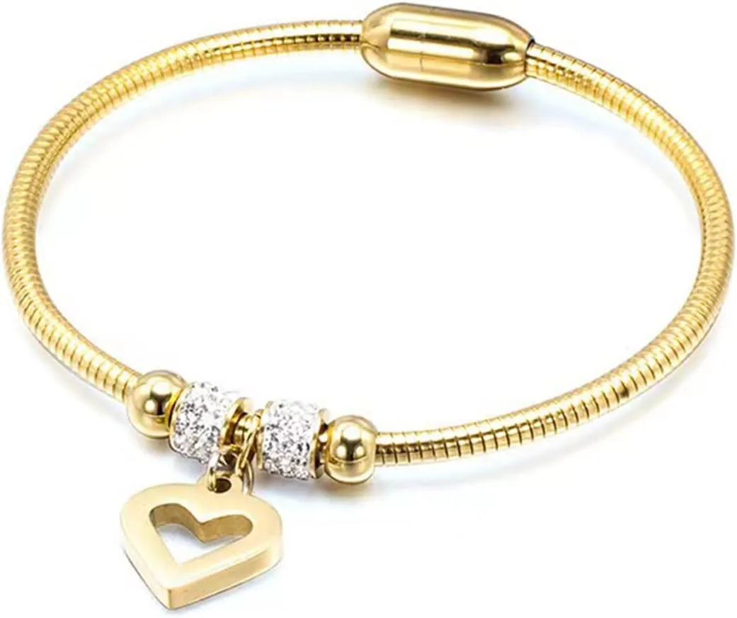KunBead Heart Charm Birthday Bracelet Stainless Steel Love Bangle Cuff Jewelry Bracelets for Women