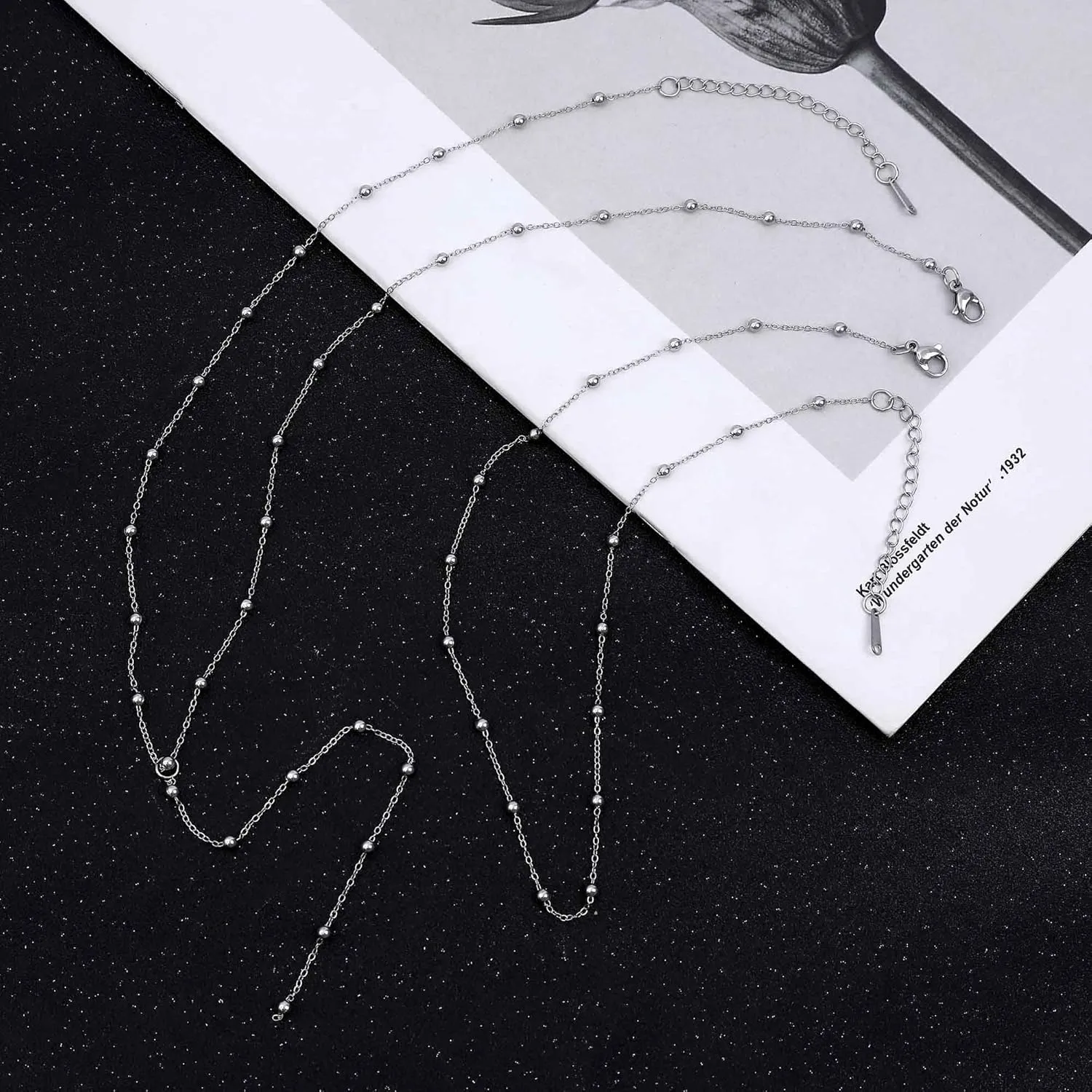 Lariat Silver Necklace for Women, Dainty Long Necklace Silver Y-Shaped Layered Beaded Chain Drop Necklaces for Women Trendy Simple Silver Jewelry for Women Gifts