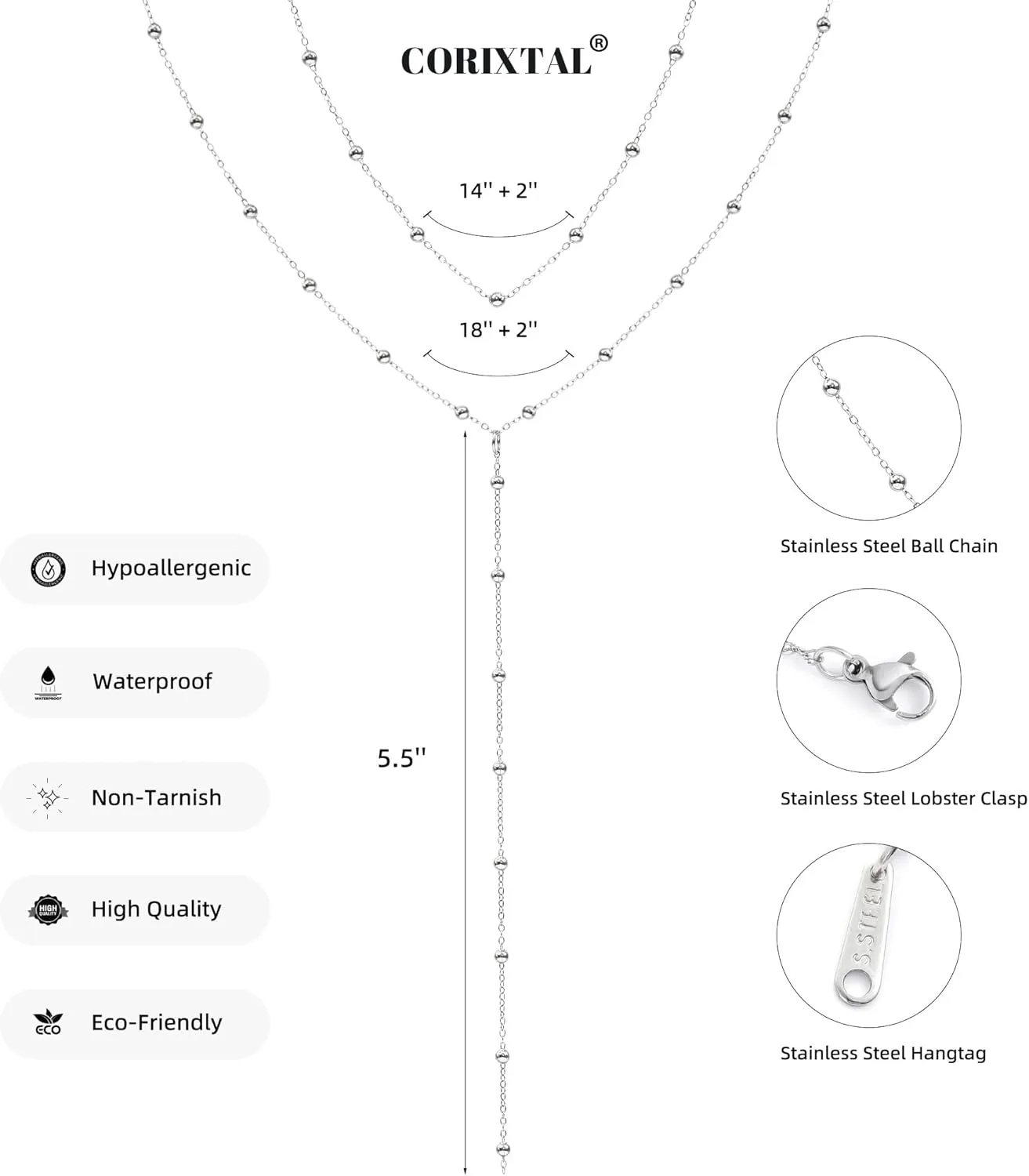 Lariat Silver Necklace for Women, Dainty Long Necklace Silver Y-Shaped Layered Beaded Chain Drop Necklaces for Women Trendy Simple Silver Jewelry for Women Gifts