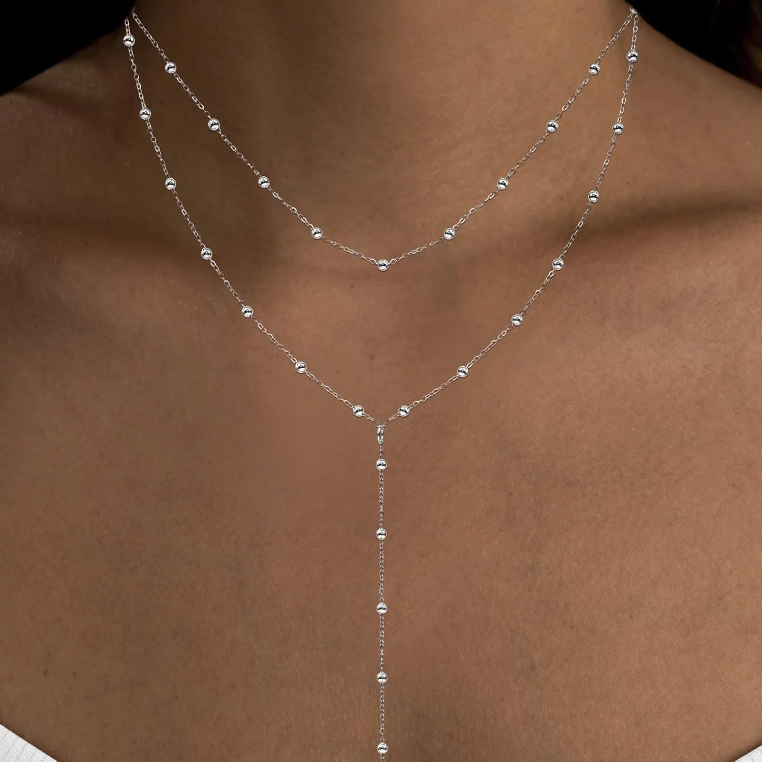 Lariat Silver Necklace for Women, Dainty Long Necklace Silver Y-Shaped Layered Beaded Chain Drop Necklaces for Women Trendy Simple Silver Jewelry for Women Gifts