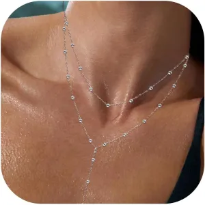 Lariat Silver Necklace for Women, Dainty Long Necklace Silver Y-Shaped Layered Beaded Chain Drop Necklaces for Women Trendy Simple Silver Jewelry for Women Gifts
