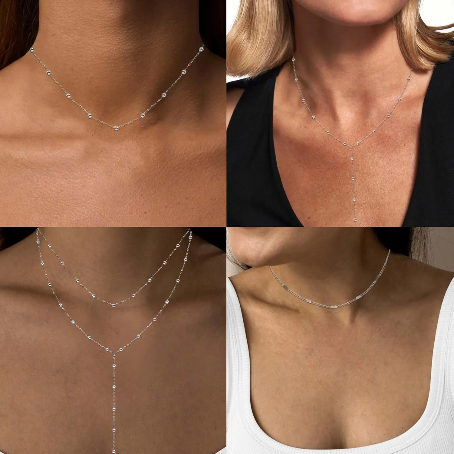 Lariat Silver Necklace for Women, Dainty Long Necklace Silver Y-Shaped Layered Beaded Chain Drop Necklaces for Women Trendy Simple Silver Jewelry for Women Gifts