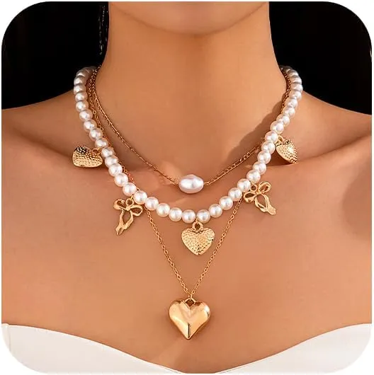 Layered Gold Love Heart Necklaces for Women Set Dainty Bow Pendant Necklace Simple Stacking Pearl Chain Choker Necklace Jewelry