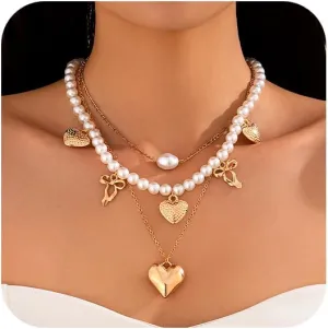 Layered Gold Love Heart Necklaces for Women Set Dainty Bow Pendant Necklace Simple Stacking Pearl Chain Choker Necklace Jewelry