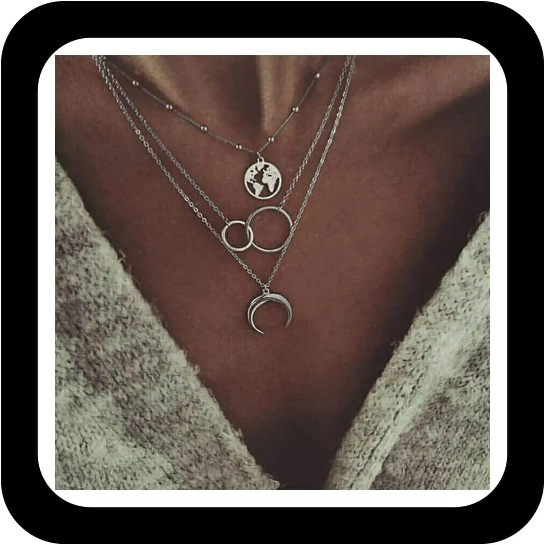 Layered Moon Pendant Necklace Boho Satellite Choker Necklace Silver Interlocking Circle Necklace Crescent Bead Necklace Jewelry for Women