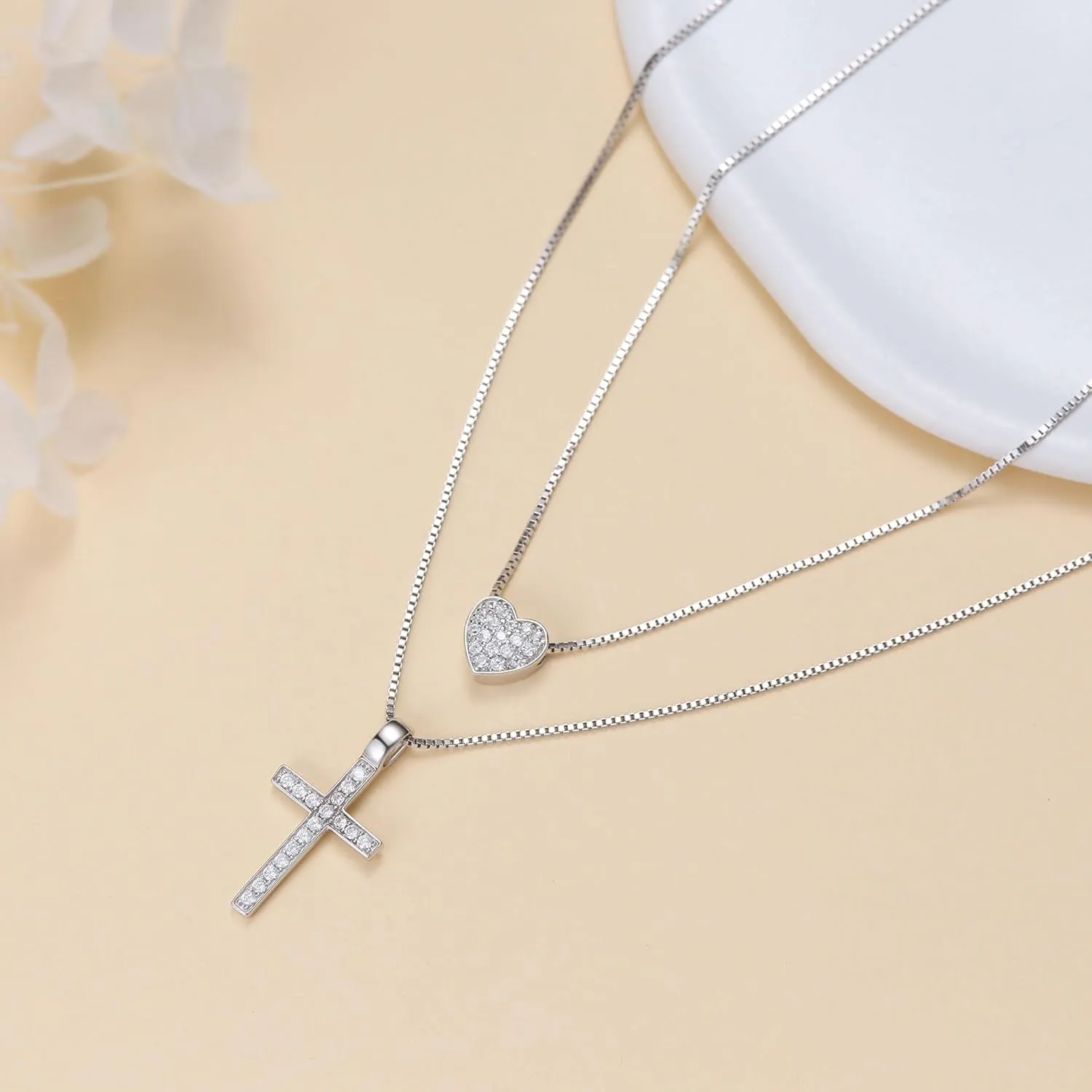 Layered Necklace 925 Sterling Silver Love Heart Cross Multilayer Adjustable Y Layered Chain Pendant Necklaces Jewelry for Women