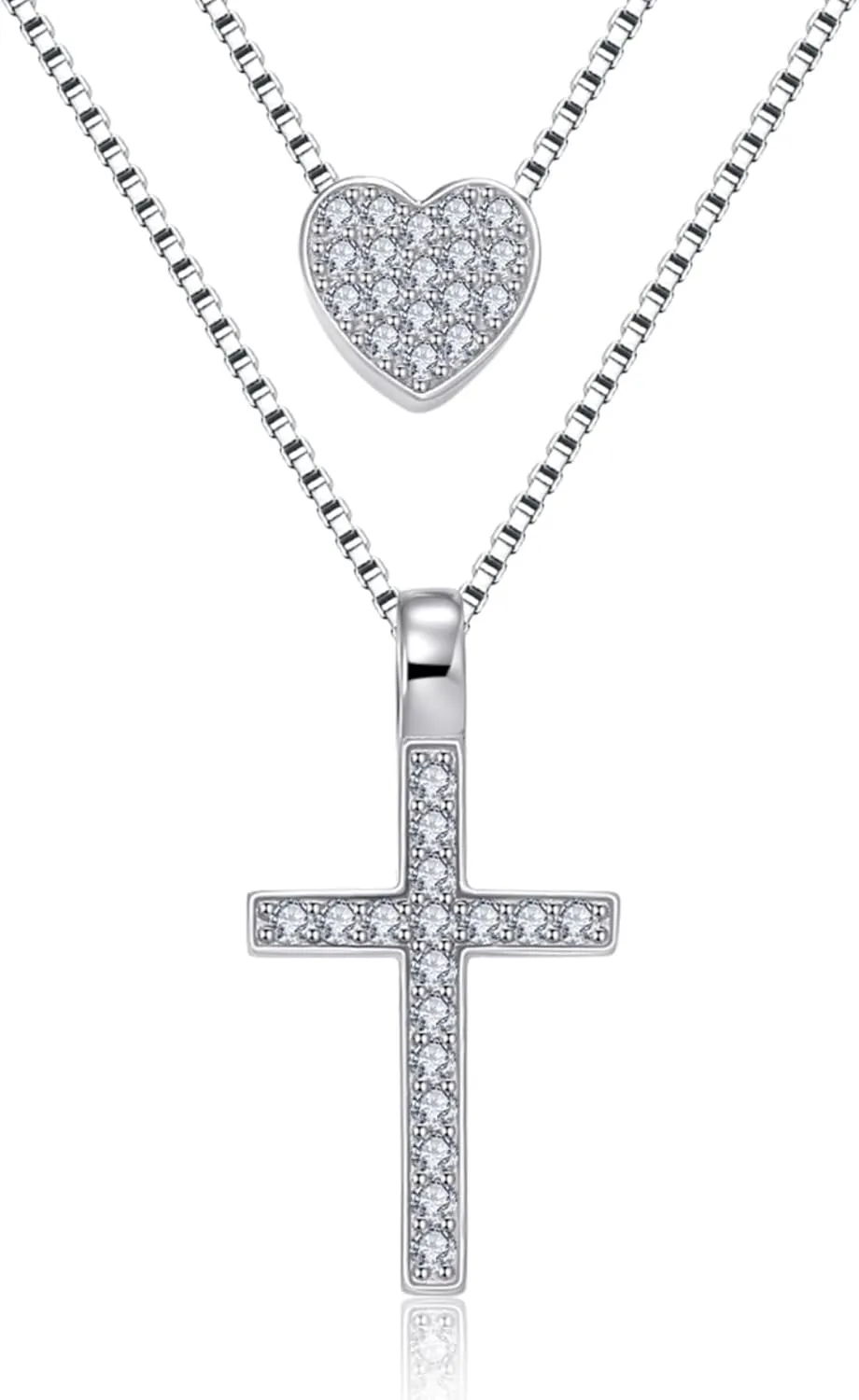 Layered Necklace 925 Sterling Silver Love Heart Cross Multilayer Adjustable Y Layered Chain Pendant Necklaces Jewelry for Women