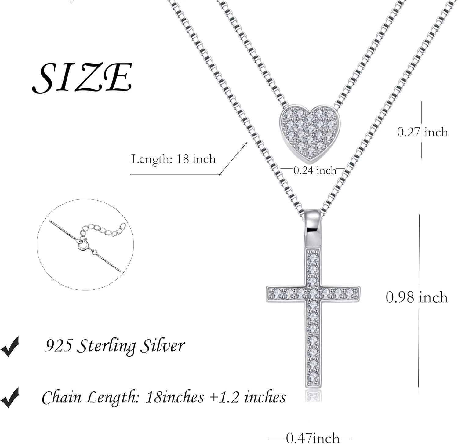 Layered Necklace 925 Sterling Silver Love Heart Cross Multilayer Adjustable Y Layered Chain Pendant Necklaces Jewelry for Women