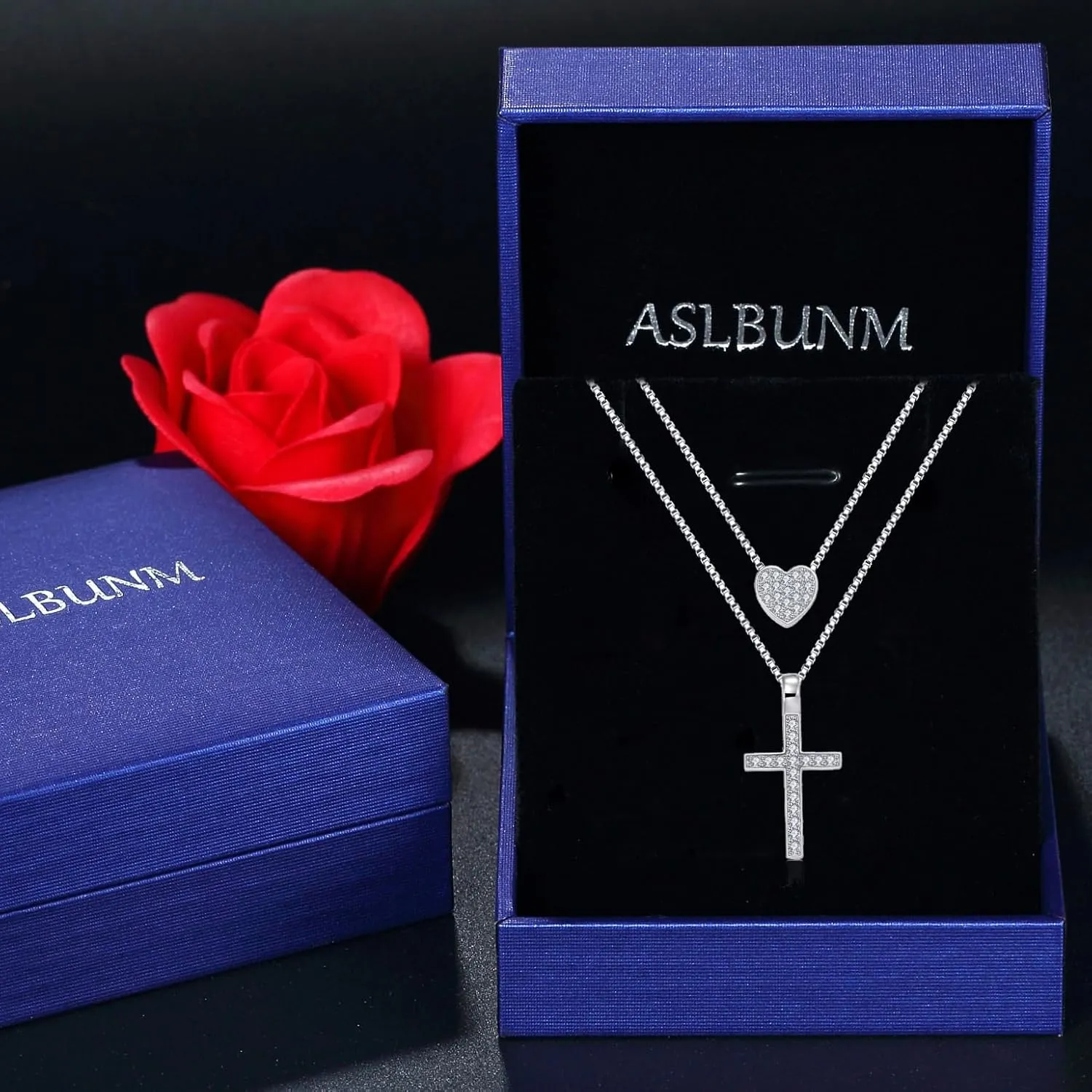 Layered Necklace 925 Sterling Silver Love Heart Cross Multilayer Adjustable Y Layered Chain Pendant Necklaces Jewelry for Women