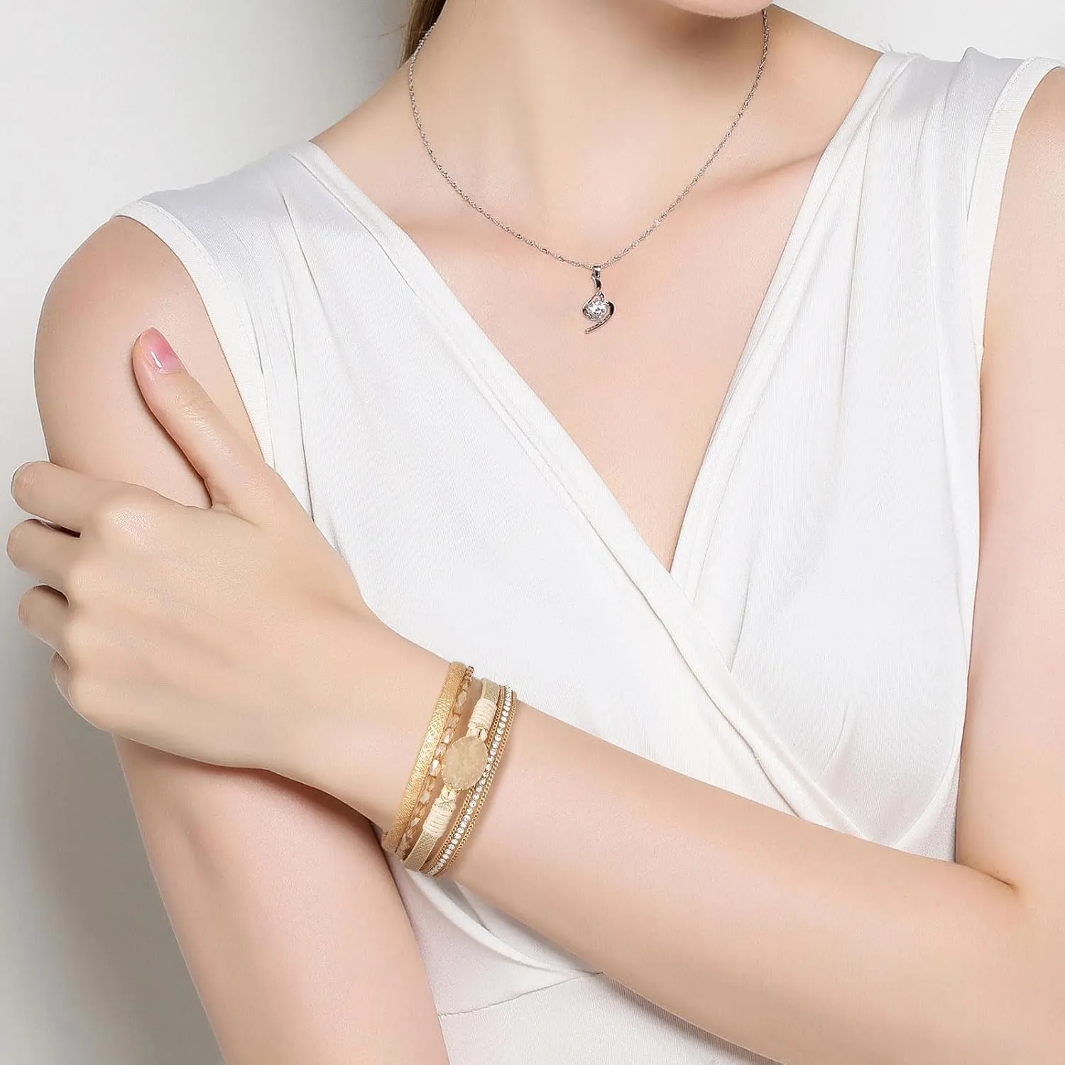 Leather Bracelets for Women Trendy Boho Cuff Bracelet Layered Bangle with Clasp Hand Wrist Jewelry Western