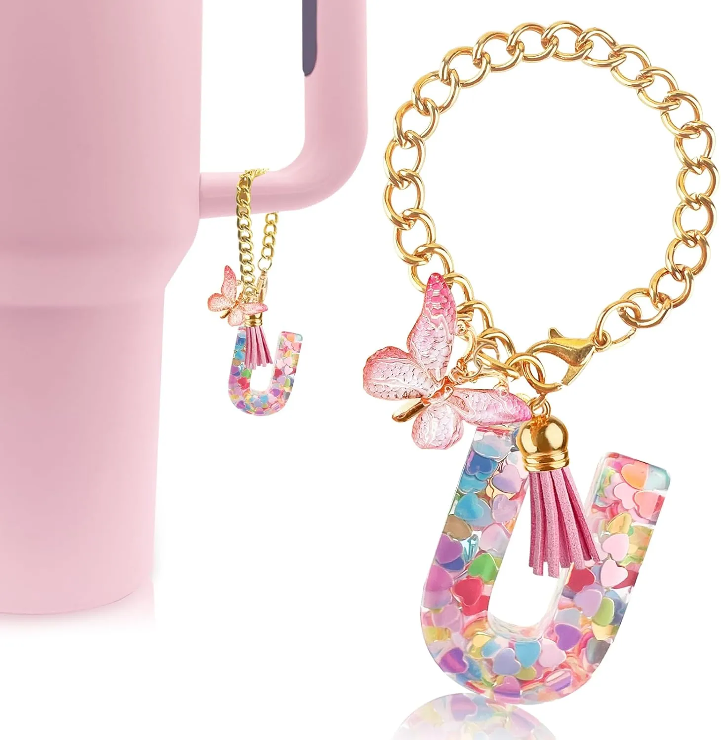 Letter Charm Accessories for Stanley Cup with Handle, Cute Initial Letter U Keychain Handle Charm with Butterfly for Stanley Tumbler for Women Girls