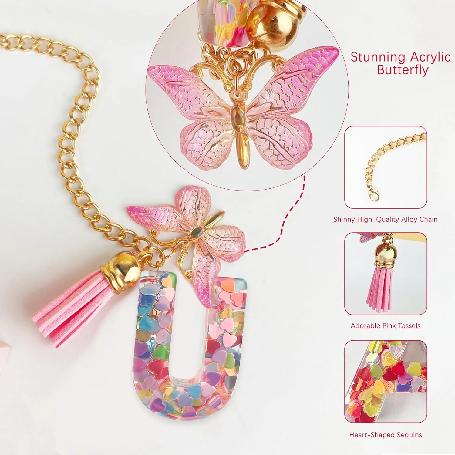 Letter Charm Accessories for Stanley Cup with Handle, Cute Initial Letter U Keychain Handle Charm with Butterfly for Stanley Tumbler for Women Girls