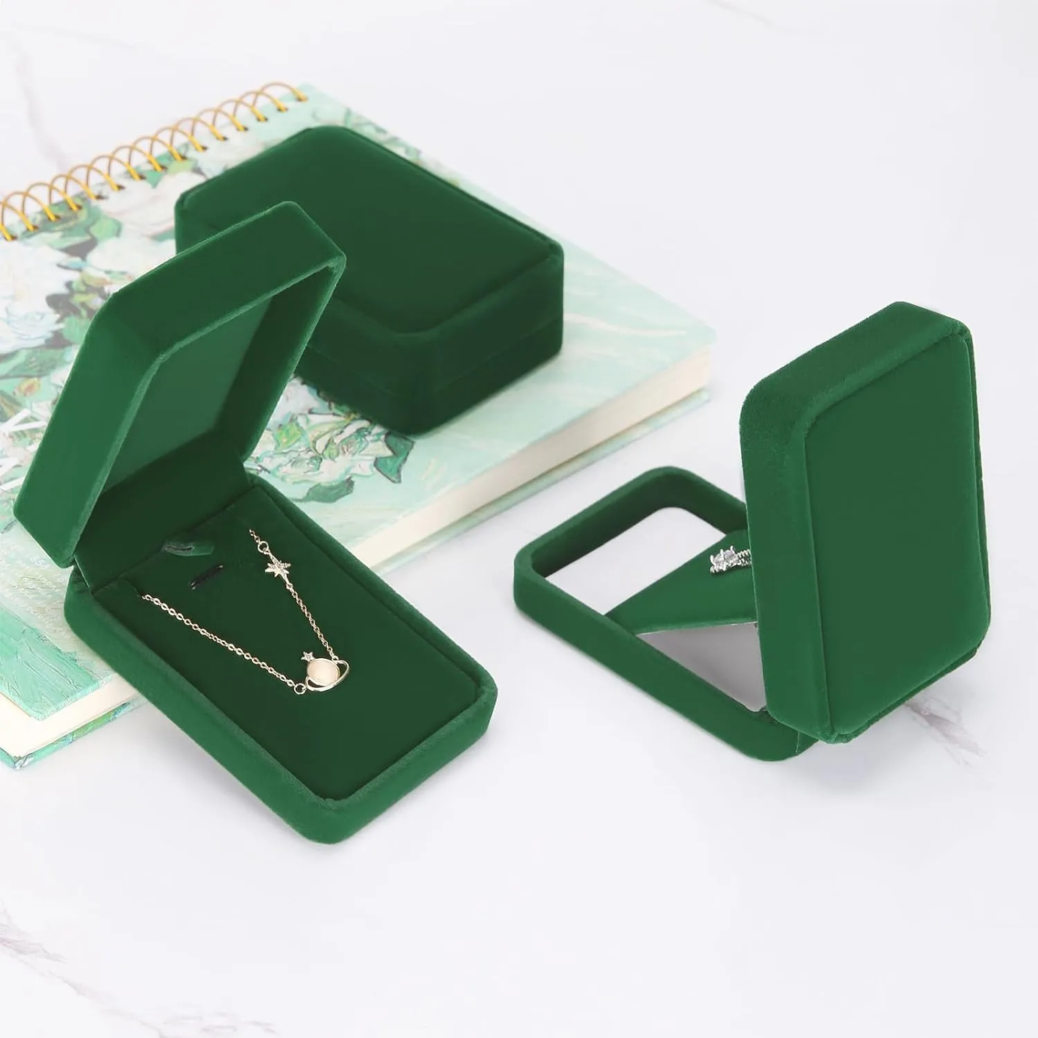 LETURE 3 Pieces Velvet Pendant Necklace Gift Boxes Set, Classic Jewelry Packaging Storage Case, Jewellry Display Box for Wedding, Engagement, Proposal, Birthday and Anniversary (Green-3pcs)