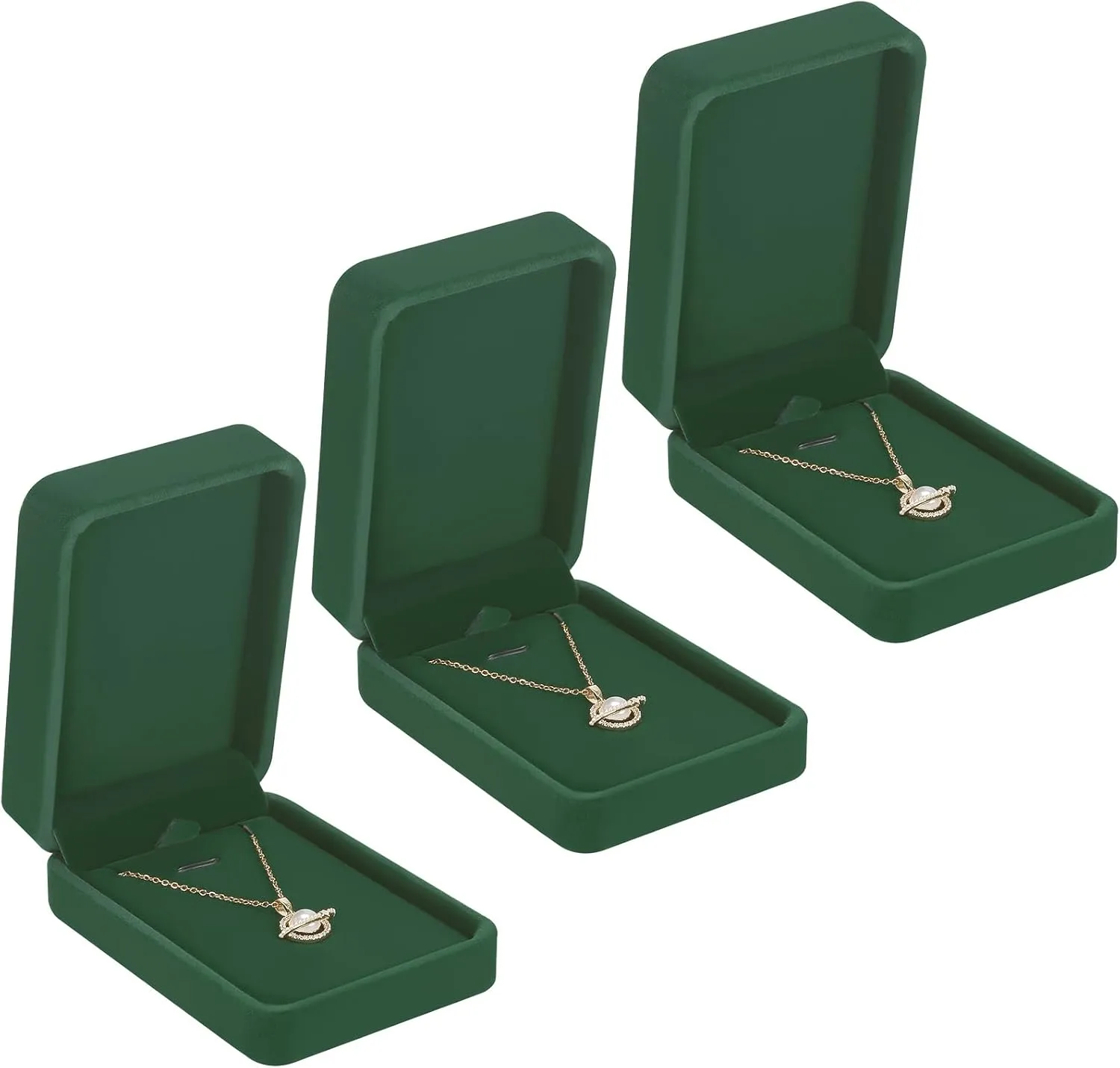 LETURE 3 Pieces Velvet Pendant Necklace Gift Boxes Set, Classic Jewelry Packaging Storage Case, Jewellry Display Box for Wedding, Engagement, Proposal, Birthday and Anniversary (Green-3pcs)