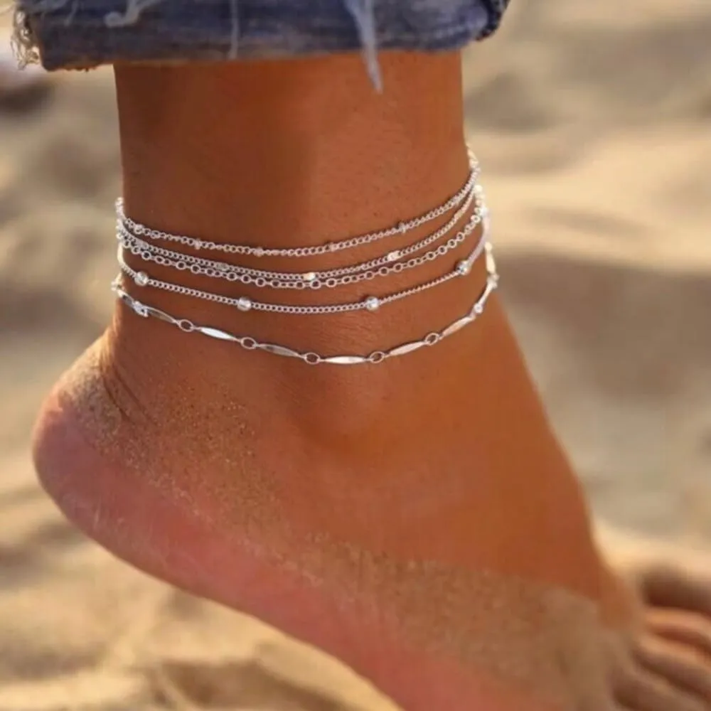 LEXODY Silver/Gold Anklets for Women, Sterling Silver Evil Eye Ankle Bracelets for Women Trendy Dainty Waterproof Anklets Set Adjustable Layered Anklet Bracelets for Women Silver Jewelry Gift