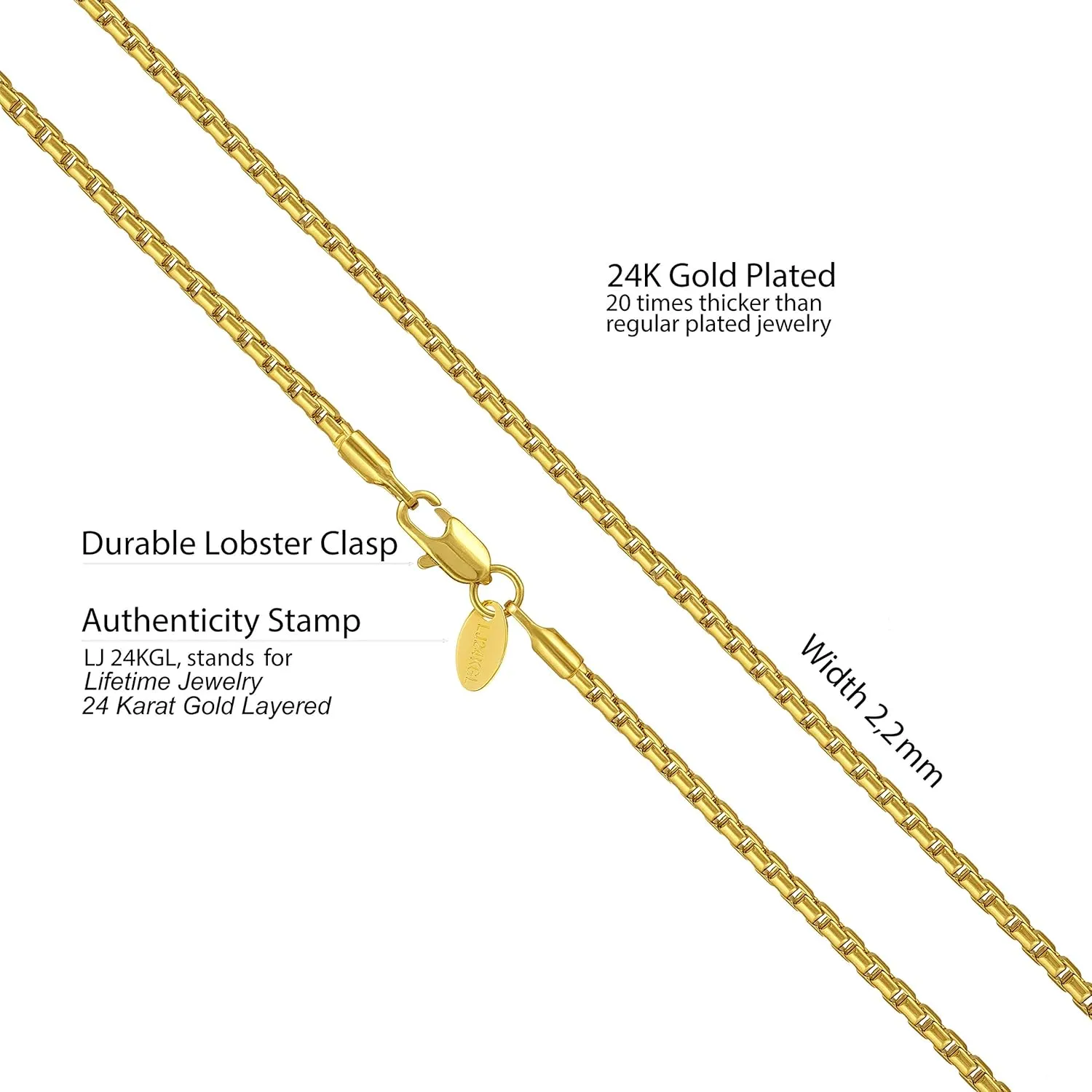 LIFETIME JEWELRY 2.2mm Rounded Box Chain Necklace for Women & Men 24k Gold Plated