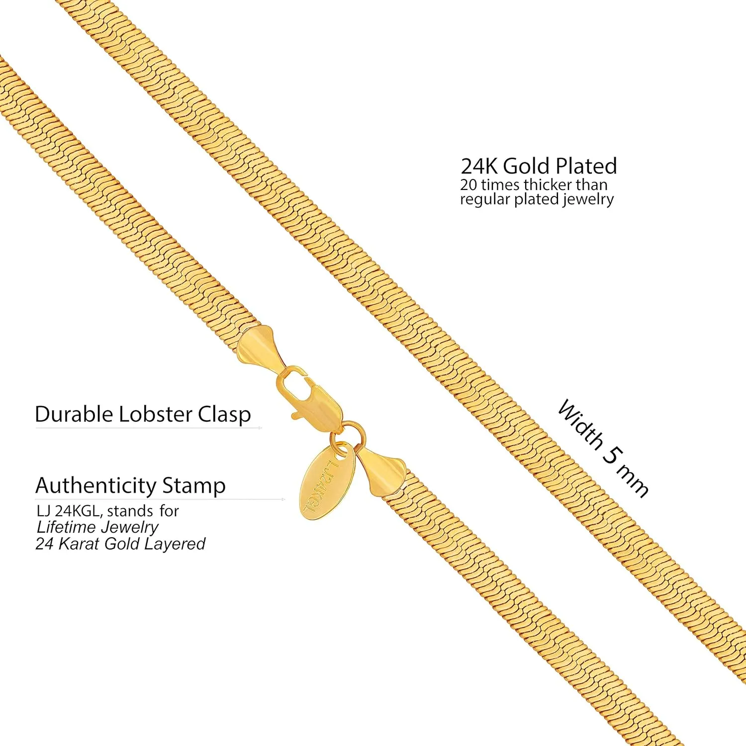LIFETIME JEWELRY 5mm Flexible Herringbone Chain Necklace 24k Real Gold Plated