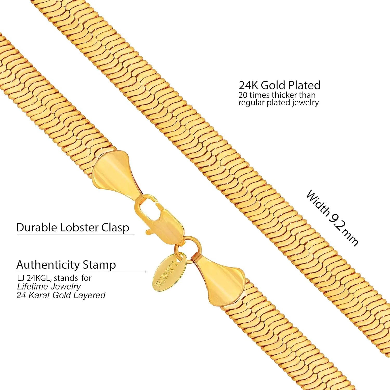 LIFETIME JEWELRY 9mm Flexible Herringbone Chain Necklace 24k Real Gold Plated