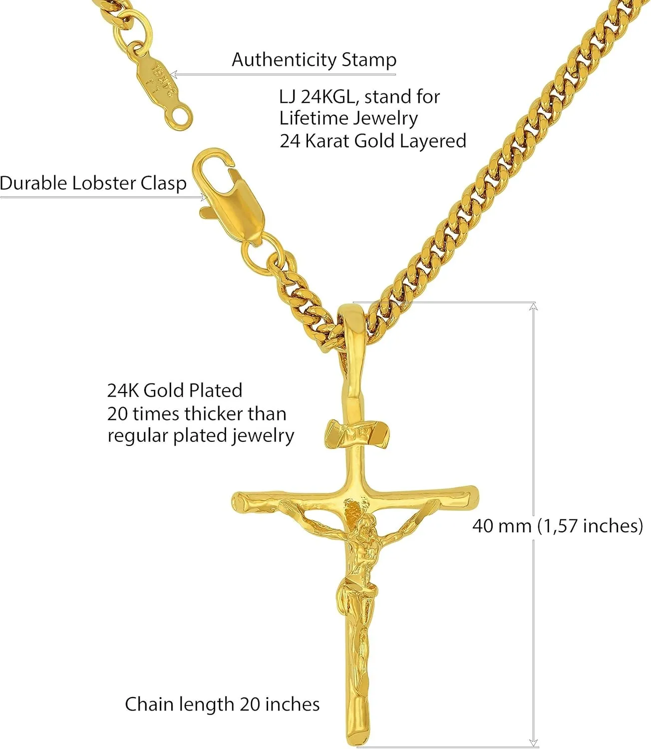 LIFETIME JEWELRY Classic Cross Necklace Chain for Men & Women 24k Real Gold Plated