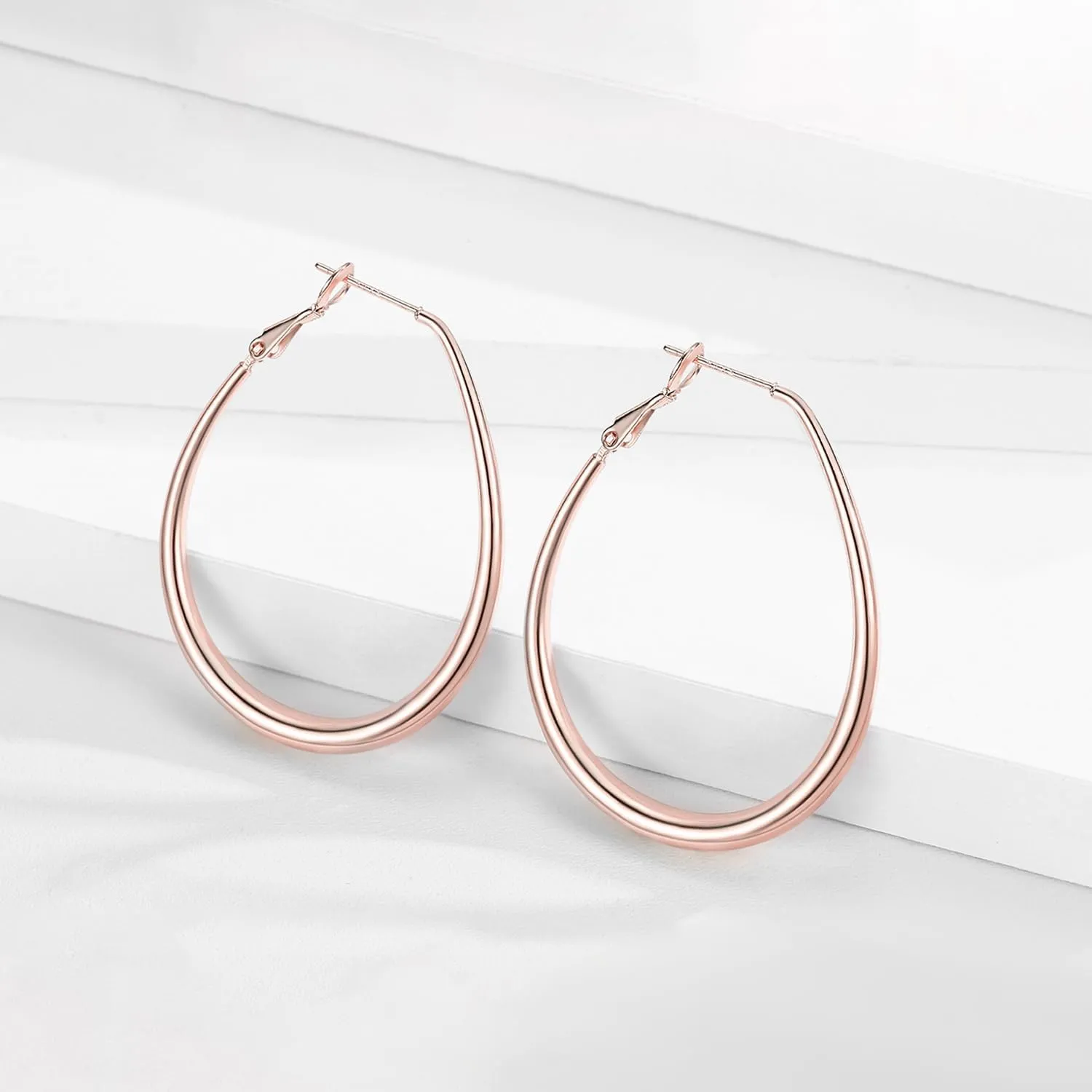 Lightweight Oval Hoop Earrings for Women - 14K Gold Plated, Rose Gold Plated and Sterling Silver Plated Large Oblong Hoop Earrings for Women Statement Jewelry Gift
