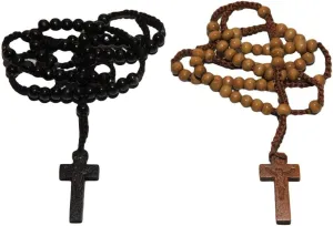 LION OF JUDAH MARKET 2pc Tan & Black Colored Wooden Beads Rosary Necklaces with Jesus Imprint Cross