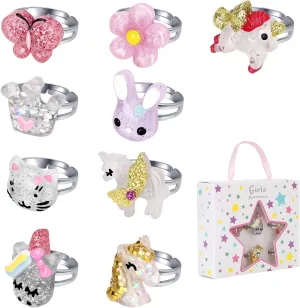 Little Girl Jewel Rings in Box, Adjustable Rings for 3-10 Year Old Girl Birthday Gifts, Play Jewelry for Little Girls, Unicorn Butterfly Jewelry Set