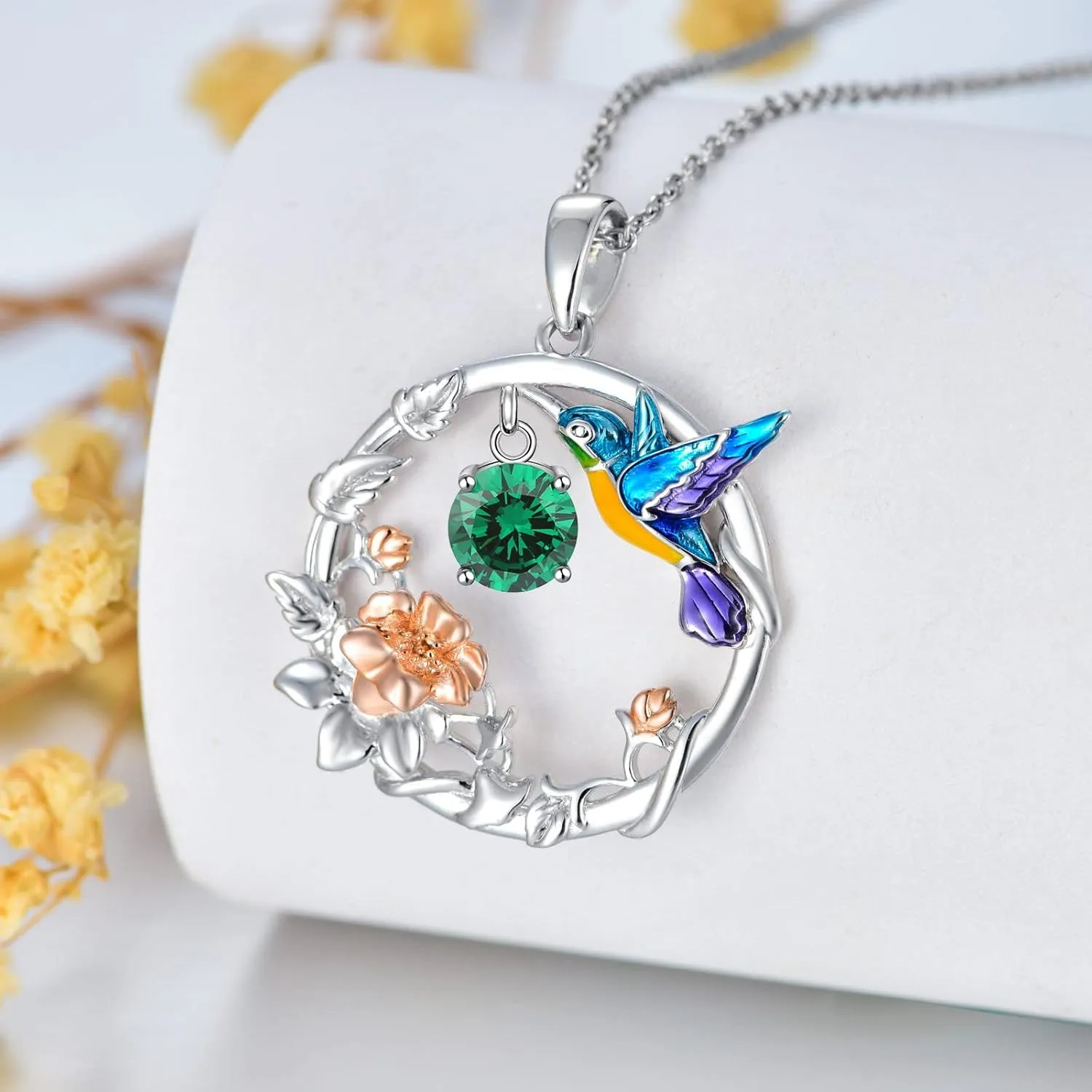 LONAGO Hummingbird Necklace Sterling Silver Hummingbird Pendant Necklaces with Synthetic Birthstone Hummingbird Jewelry Gift for Women