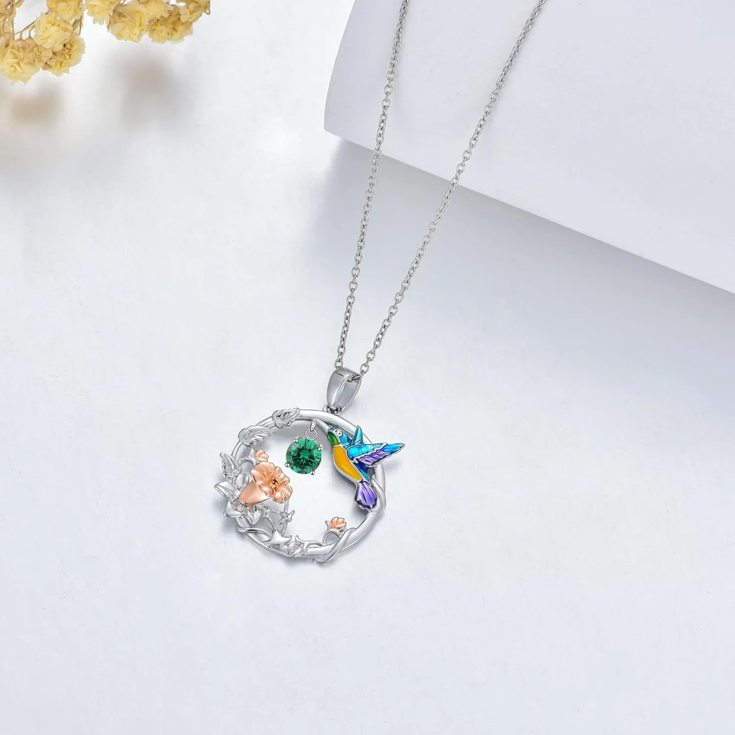 LONAGO Hummingbird Necklace Sterling Silver Hummingbird Pendant Necklaces with Synthetic Birthstone Hummingbird Jewelry Gift for Women
