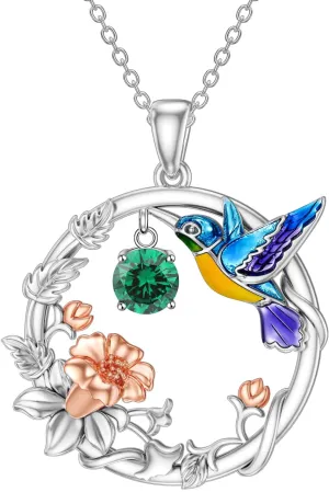 LONAGO Hummingbird Necklace Sterling Silver Hummingbird Pendant Necklaces with Synthetic Birthstone Hummingbird Jewelry Gift for Women