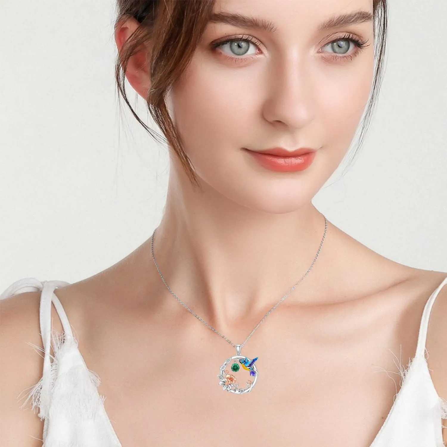 LONAGO Hummingbird Necklace Sterling Silver Hummingbird Pendant Necklaces with Synthetic Birthstone Hummingbird Jewelry Gift for Women