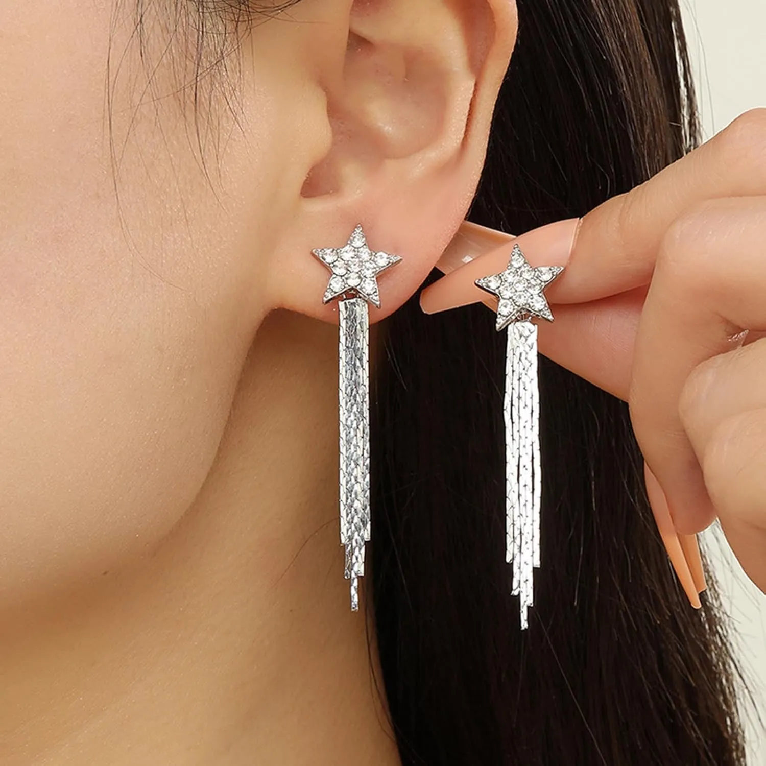 Long Chain Tassel Bow Earrings Crystal Chain Bow Tie Dangle Earrings Silver Heart Hoop Earrings Small Bow Fringe Drop Earring Everyday Jewelry for Women