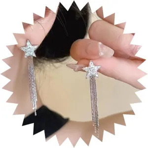 Long Chain Tassel Bow Earrings Crystal Chain Bow Tie Dangle Earrings Silver Heart Hoop Earrings Small Bow Fringe Drop Earring Everyday Jewelry for Women