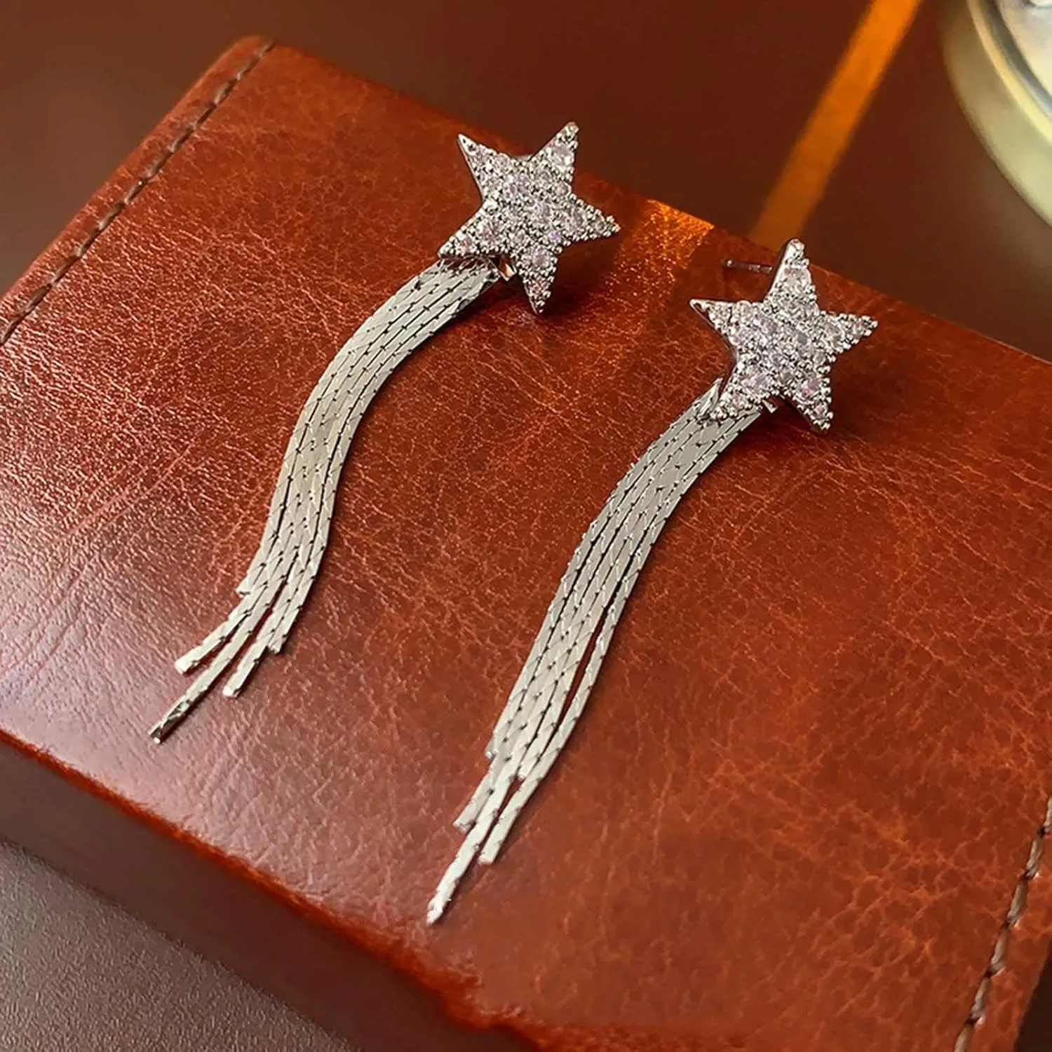 Long Chain Tassel Bow Earrings Crystal Chain Bow Tie Dangle Earrings Silver Heart Hoop Earrings Small Bow Fringe Drop Earring Everyday Jewelry for Women