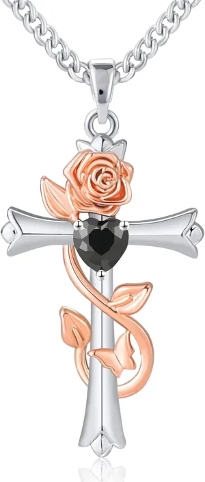 Lourny Silver Cross Pendant Necklace for Women, Dainty Faith Rose Flower Heart Butterfly Necklaces Jewelry Gifts
