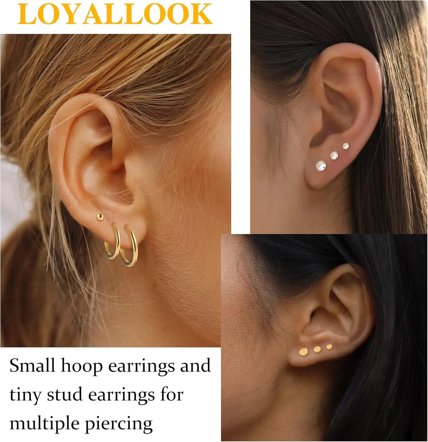 Loyallook Gold Plated Tiny Stud & Huggie Hoop Earrings - Stainless Steel, CZ Ball Flat Back - Multiple Piercings: Tragus & Cartilage