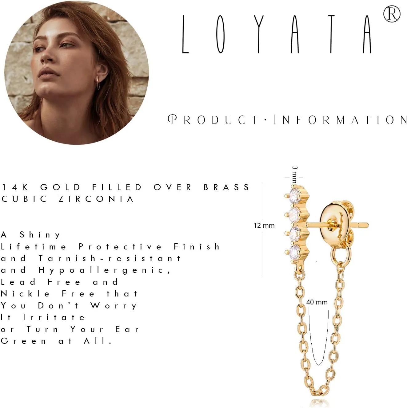 LOYATA Chain Studs Earrings Gold 14K Gold Plated Dainty Cubic Zirconia Dangle Earrings With Chain Small Hypoallergenic Jewelry Gift for Women