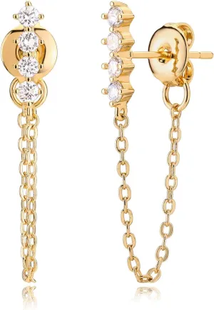 LOYATA Chain Studs Earrings Gold 14K Gold Plated Dainty Cubic Zirconia Dangle Earrings With Chain Small Hypoallergenic Jewelry Gift for Women