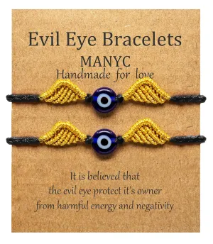 MANYC Handmade Evil Eye Bracelets Adjustable String Amulet for Women Men Teen Boys Girls (Black Luckyknot2pcs)
