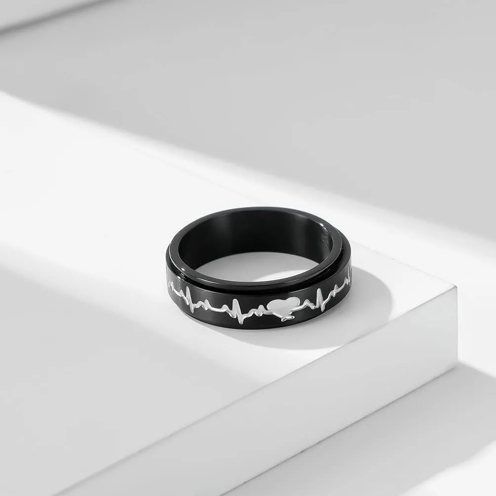 Matching Heartbeat Rings for Him and Her Personalized Promise Rings for Couples Custom Couples Rings Heart Ring Wedding Band Set of 2 Fidget Rings Spinner Anxiety Ring