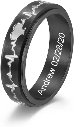 Matching Heartbeat Rings for Him and Her Personalized Promise Rings for Couples Custom Couples Rings Heart Ring Wedding Band Set of 2 Fidget Rings Spinner Anxiety Ring