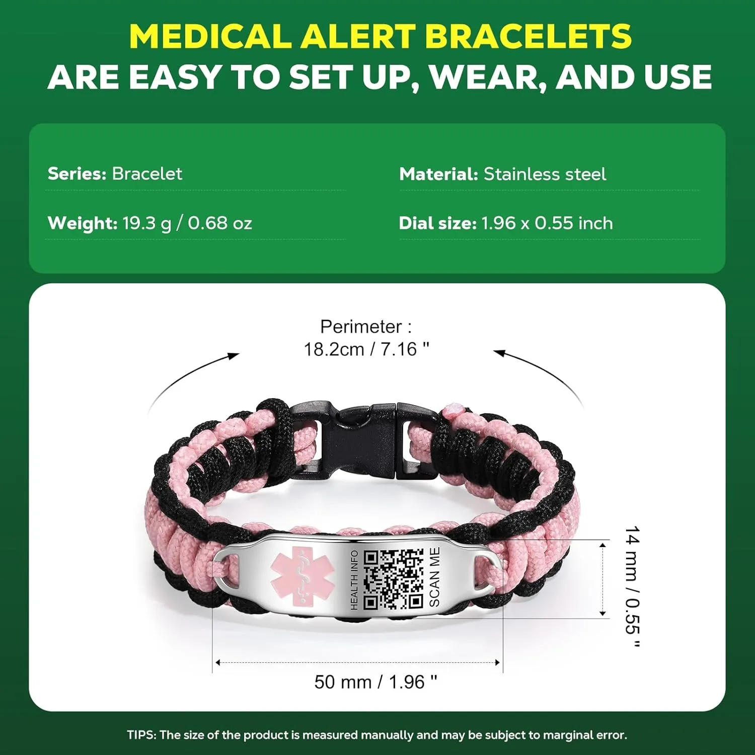 Medical Bracelets for Sport Men Women with QR Code Medical Alert ID Bracelets - Nylon Waterproof Wristband Fits Wrists Up to 7 inches - More Space Custom Emergency Med ID Alert Info