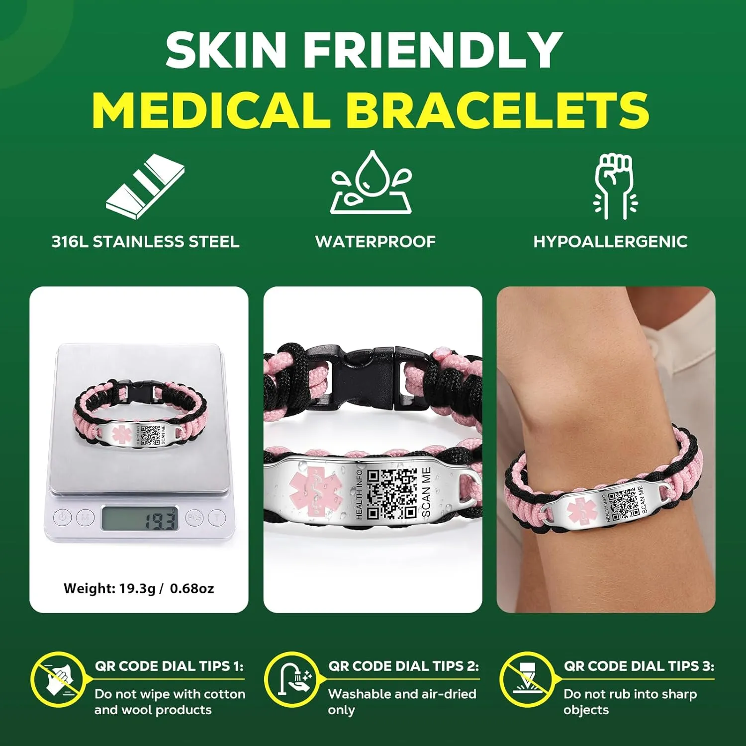 Medical Bracelets for Sport Men Women with QR Code Medical Alert ID Bracelets - Nylon Waterproof Wristband Fits Wrists Up to 7 inches - More Space Custom Emergency Med ID Alert Info