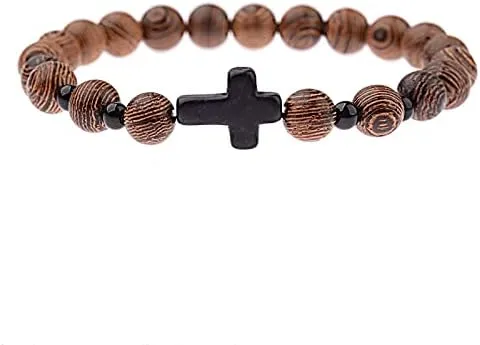 Men Natural Wood Beads Cross Bracelets Onyx Meditation Prayer Bead Bracelet Women Wooden Yoga Jewelry 6O4C5 (ABJ028-1)