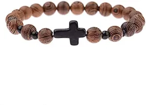 Men Natural Wood Beads Cross Bracelets Onyx Meditation Prayer Bead Bracelet Women Wooden Yoga Jewelry 6O4C5 (ABJ028-1)