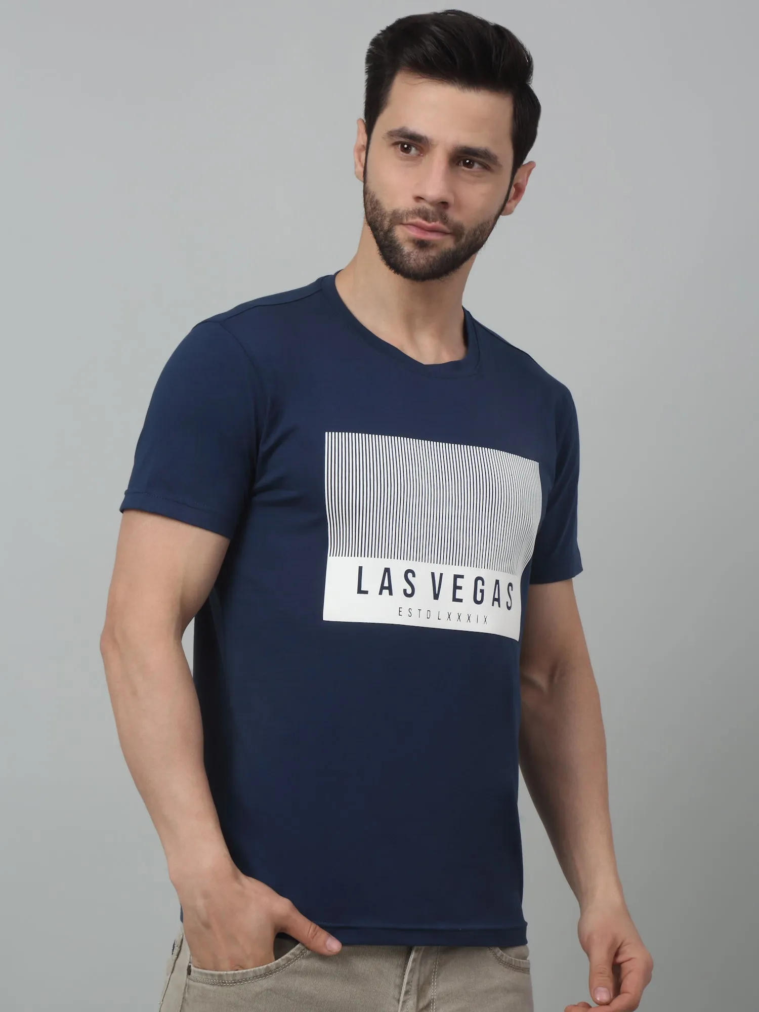 Men's Airforce Blue Round neck Half Sleeve T-Shirt with Print