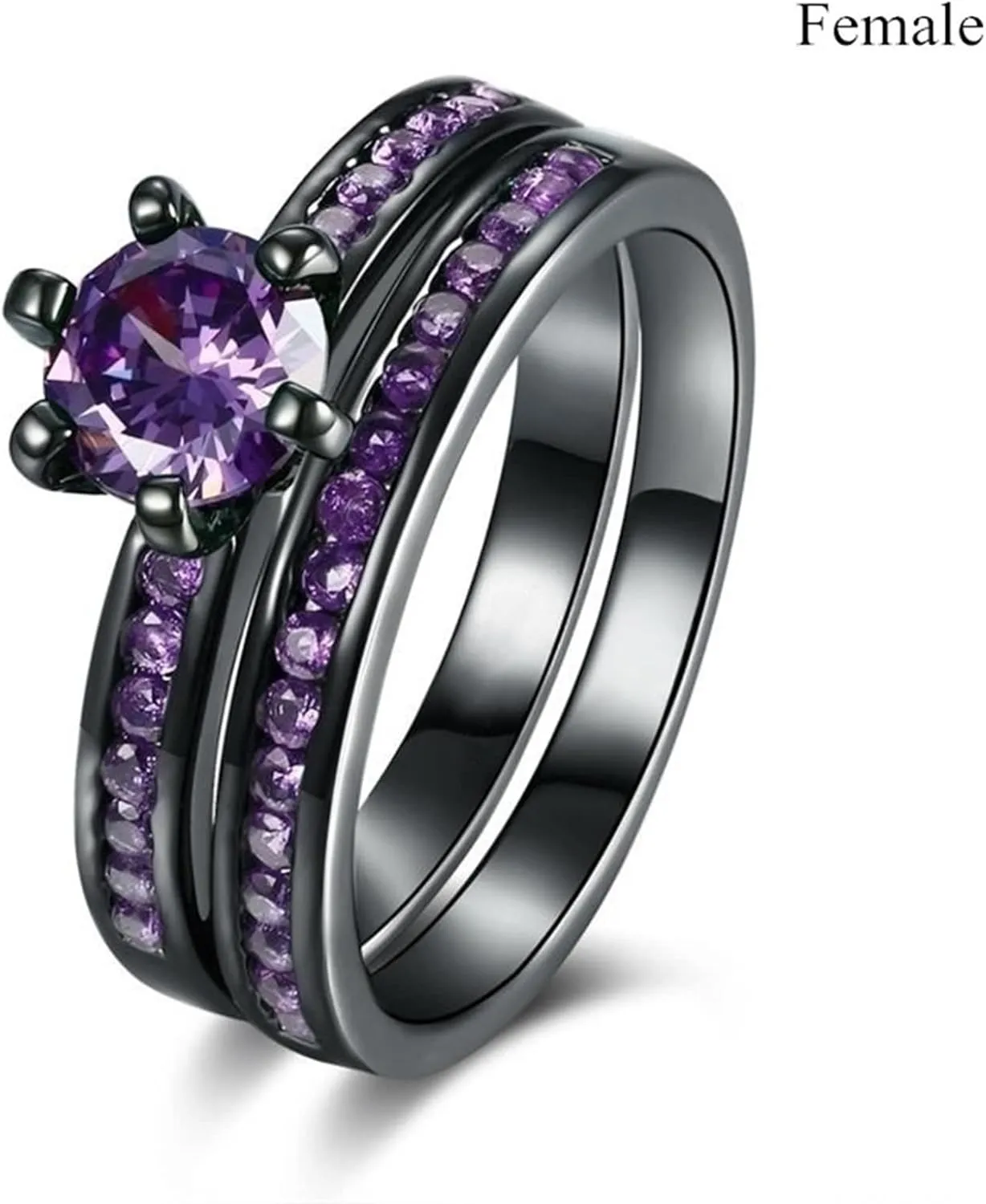 Mens Couple Rings, Six Claws with Purple CZ Black Rings Size 5-13, Matching Engagement Rings for Sister